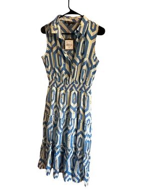Sleeveless Sheer Blue Geo Print Shirt Dress